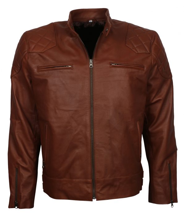 Mens Brown Designer Bomber Quilted Leather Jacket