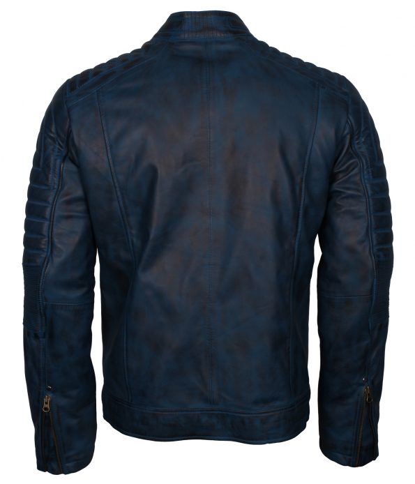 Mens Cafe Racer Quilted Designer Blue Waxed Biker Leather Jacket Boda
