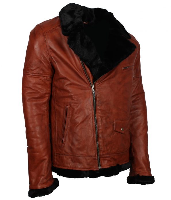 Mens Classic Brando Biker Fox Furr Lined Brown Aviator Leather Jacket