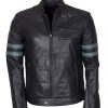Black Padded Cafe Racer Biker Leather Jacket