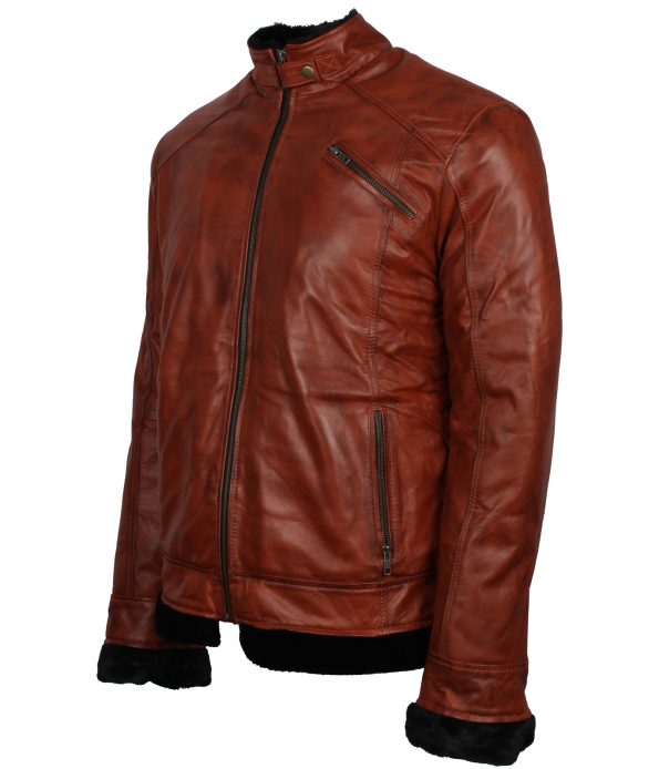 Mens Simple Aviator Brown Fox Fur Lined Designer Winter Leather Jacket fashion clothing