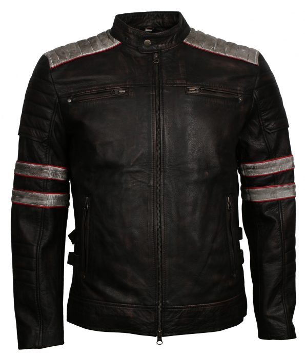 Retro Mens Black Stripe Biker Leather Jacket