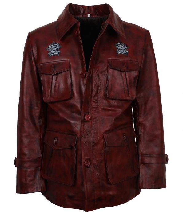 Skull Bones Live Hard Embossed Red Maroon Vintage Red Motorcycle Leather Jacket Biker Costume designer