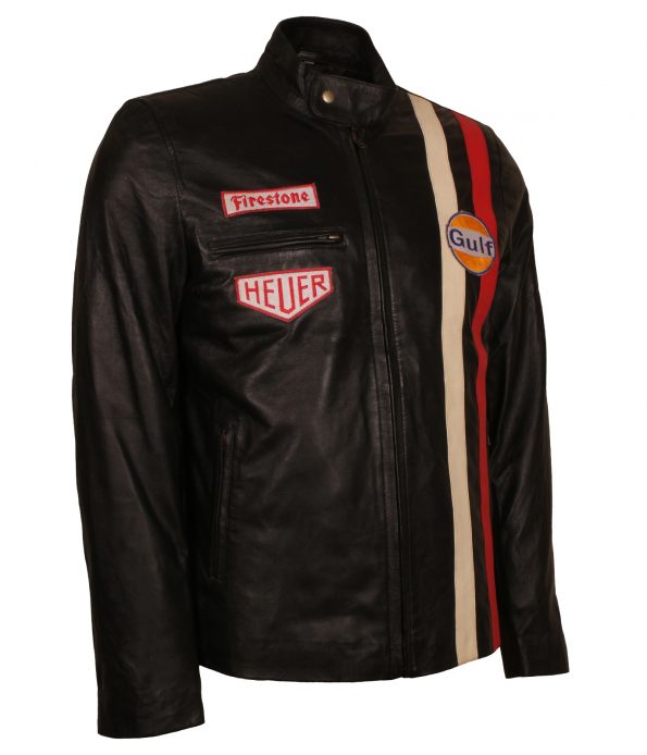 Steve Mcqueen Grand Prix Le Man Gulf Black Leather Jacket costume