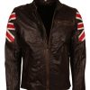 Fight Club Hybrid Myahem Red Striped Men Biker Black Motorcycle Leather Jacket Boda
