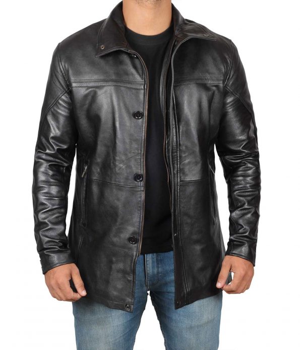 Bristol Winter Black Leather 3/4 Length Coat Mens
