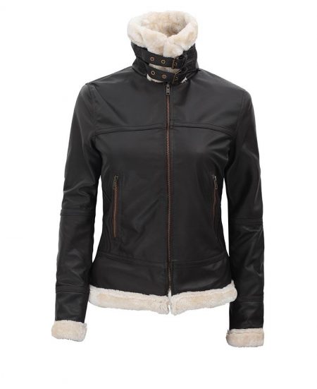 Frances B3 Bomber Shearling Brown Leather Jacket Womens