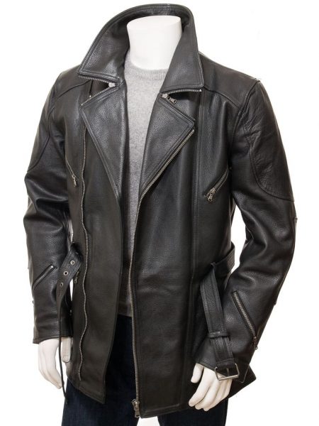 Mens Black Leather 3 4 Length Jacket - Asymmetrical Belted Winter Coat