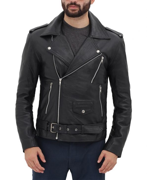 Belted Black Mens Motorcycle Racing Aviator Style Rider Leather Jacket