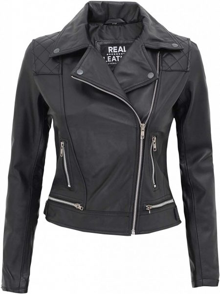 Asti Womens Quilted Asymmetrical Black Leather Jacket