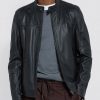 Pesaro Mens Shirt Collar Black Leather Bomber Jacket