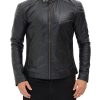 Massa Mens Quilted Shoulder Snap Collar Black Leather Cafe Racer Jacket