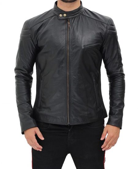 Monza Mens Black Snap Collar Leather Racer Jacket