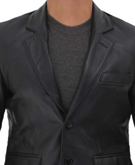 Black Two Button Notch Lapel Leather Blazer Jacket Mens
