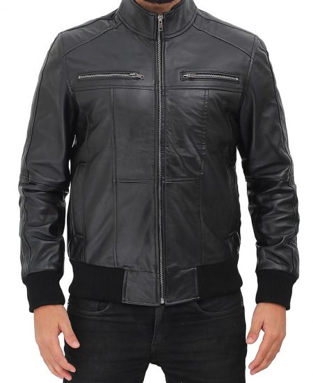 Johnston Mens Black Lambskin Bomber Leather Jacket