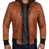Black Bomber Mens Leather Jacket with Hood