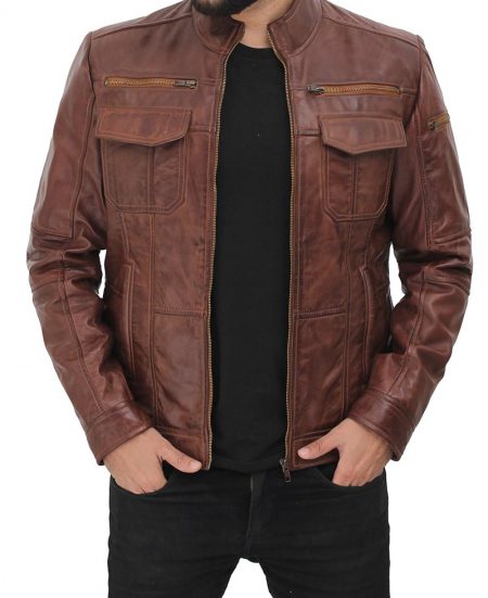 Gordon Mens Two Pockets Waxed Brown Leather Jacket