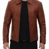 Navan Mens Four Pockets Brown Leather Cafe Racer Jacket