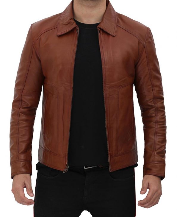 Brown Shirt Collar Casual Leather Jacket