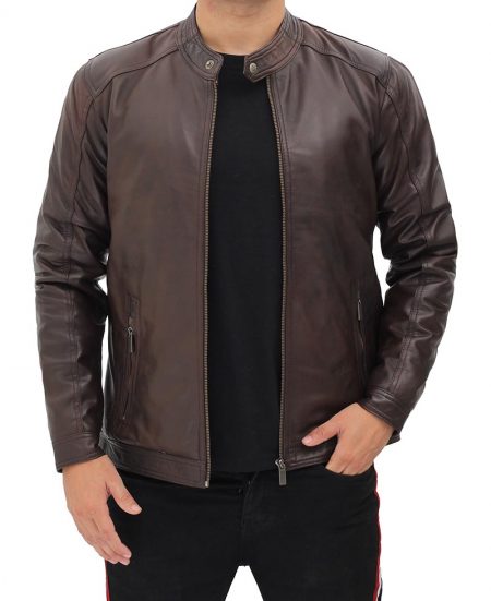 Udine Mens Waxed Dark Brown Snap Collar Leather Racer Jacket