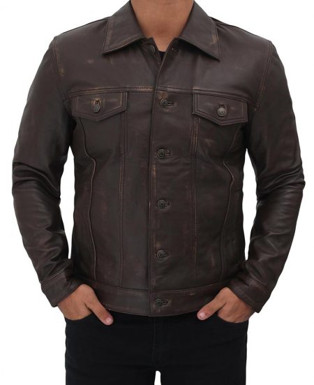 Dark Brown Trucker Leather Jacket Mens