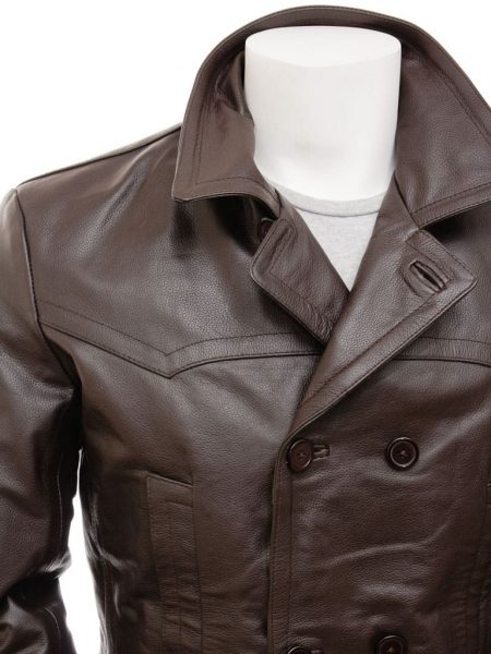 Colwood Dark Brown Leather Double Breasted Mens 3 4 Coat