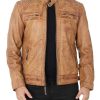 Navan Mens Four Pockets Brown Leather Cafe Racer Jacket