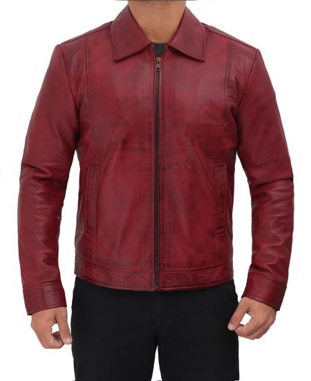 Shirt Collar Distressed Maroon Leather Jacket