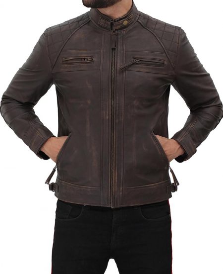 Distressed Quilted Brown Four Pocket Leather Biker Jacket Men