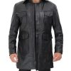 Devine Mens Black Leather Jacket 3 4 Length with Hood