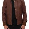 Howard Tan Leather Distressed Bomber Jacket