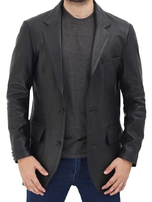 Samuel 2 Buttons Leather Mens Black Blazer Jacket