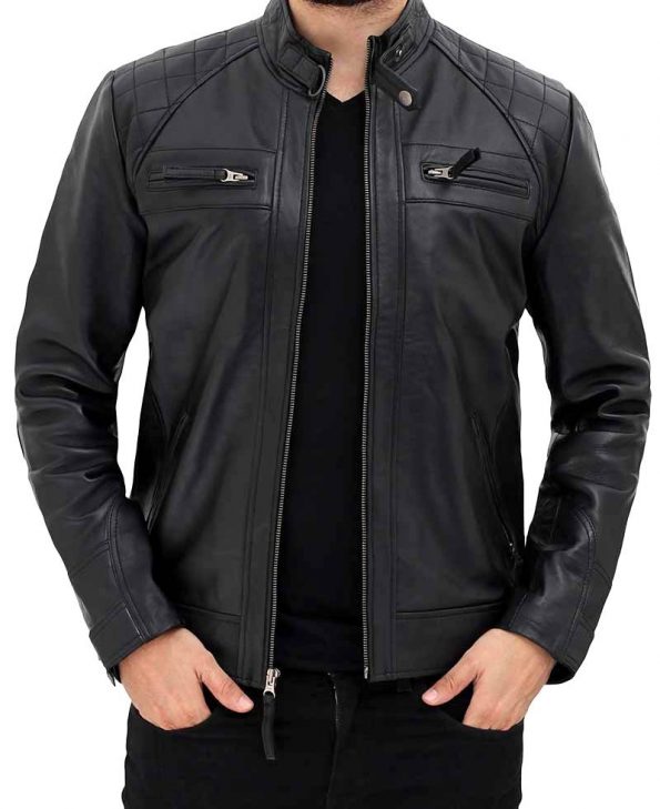 Black Mens Quilted Leather Cafe Racer Jacket With Snap Button Collar
