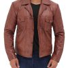 Reeves Brown Shirt Collar Front Zip Men Stylish Pebbled Leather Jacket