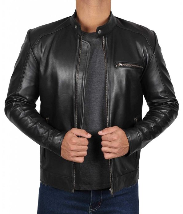 Real Lambskin Black Leather Jacket - Snap Collar Cafe Racer Style