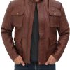Johnson Mens Distressed Camel Brown Quilted Leather Jacket