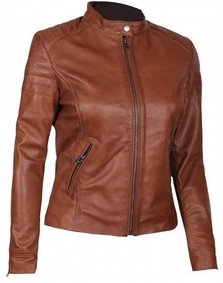 Carrie Womens Biker Padded Brown Leather Jacket
