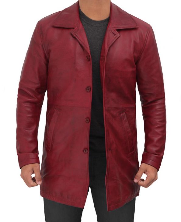 Natural Mens Maroon Distressed 3 4 Length Leather Coat