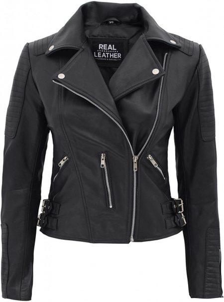 Bari Womens Biker Asymmetrical Black Leather Jacket