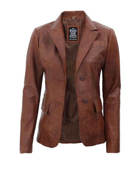 Brown Notch Lapel Two Button Womens Leather Blazer Jacket