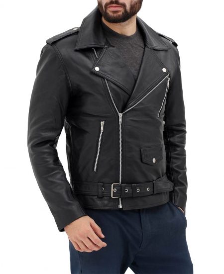 Belted Black Mens Motorcycle Racing Aviator Style Rider Leather Jacket