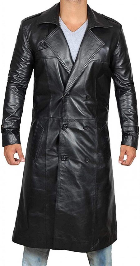 Mens Top Grain Long Black Leather Coat