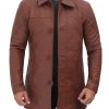Brown Four Pocket Distressed Snap Collar Leather Cafe Racer Jacket