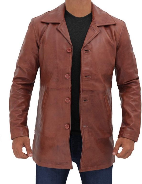 Natural Mens Distressed Leather Tan Coat