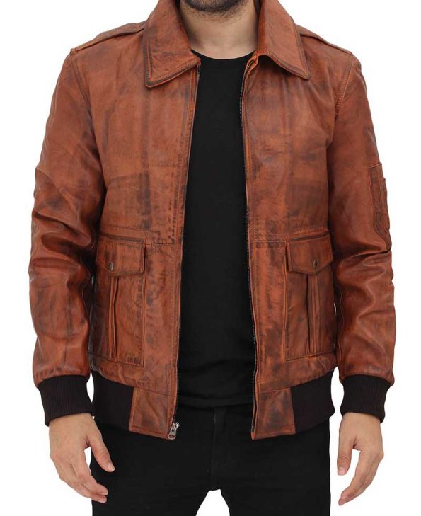 Howard Tan Leather Distressed Bomber Jacket