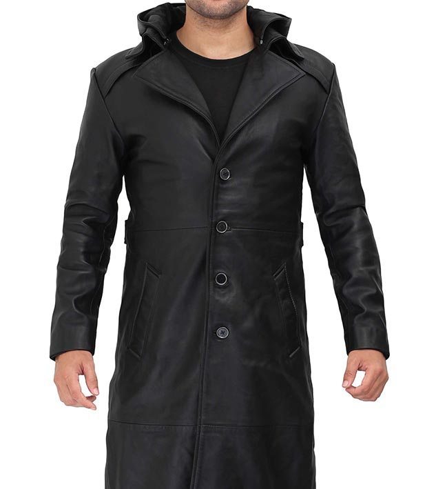 Gravel Real Leather Black Trench Coat, Pictures Of Mens Trench Coat With Hood