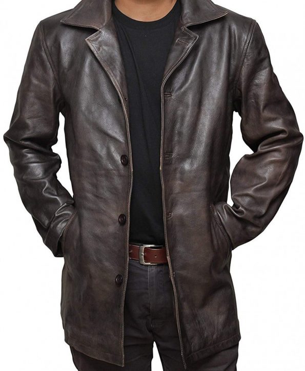 Mens Distressed Brown Leather Coat
