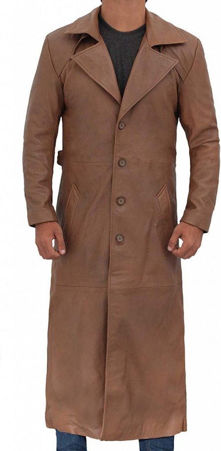 Jackson Mens Leather Long Brown Trench Coat