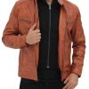 Mens Brown Leather Bomber Jacket - Removable Hood