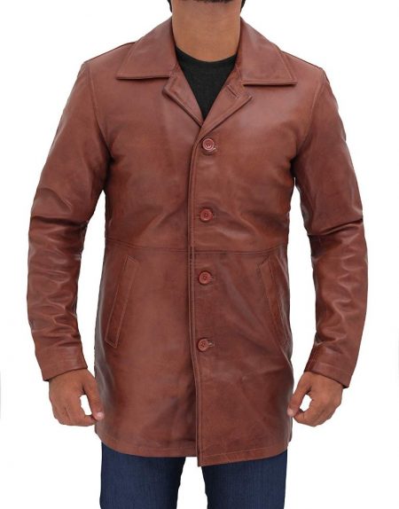 Natural Mens Distressed Leather Tan Coat
